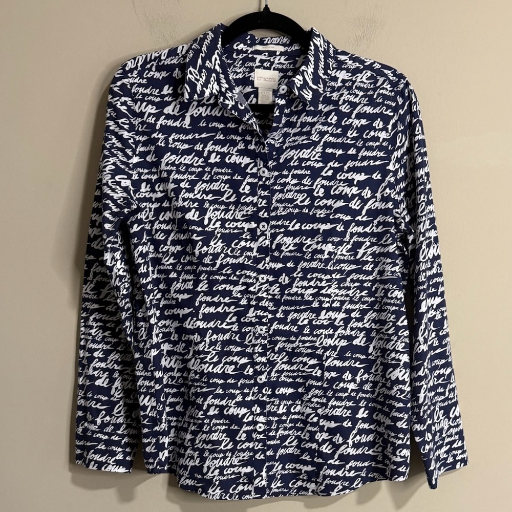 Chico's Dark Blue and White Script Blouse